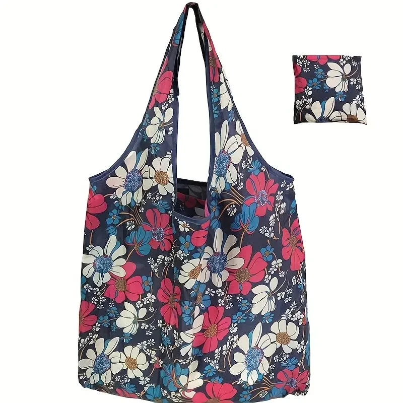 navy blue floral shoulder bag, versatile & foldable shopping tote for women, navy blue floral shoulder bag, versatile & foldable shopping tote for women,